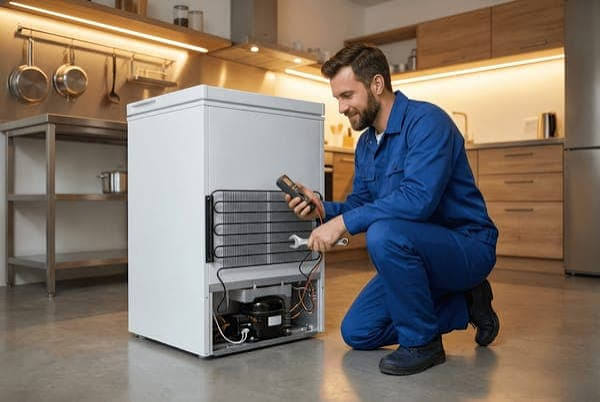 Technician testing a freezer compressor with a multimeter in a kitchen